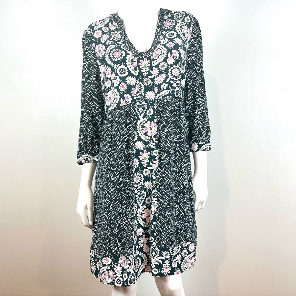 Boden MOLLIE Patchwork Green Pink Floral Shift Dress Size 8 REG Boho 3/4 Sleeve